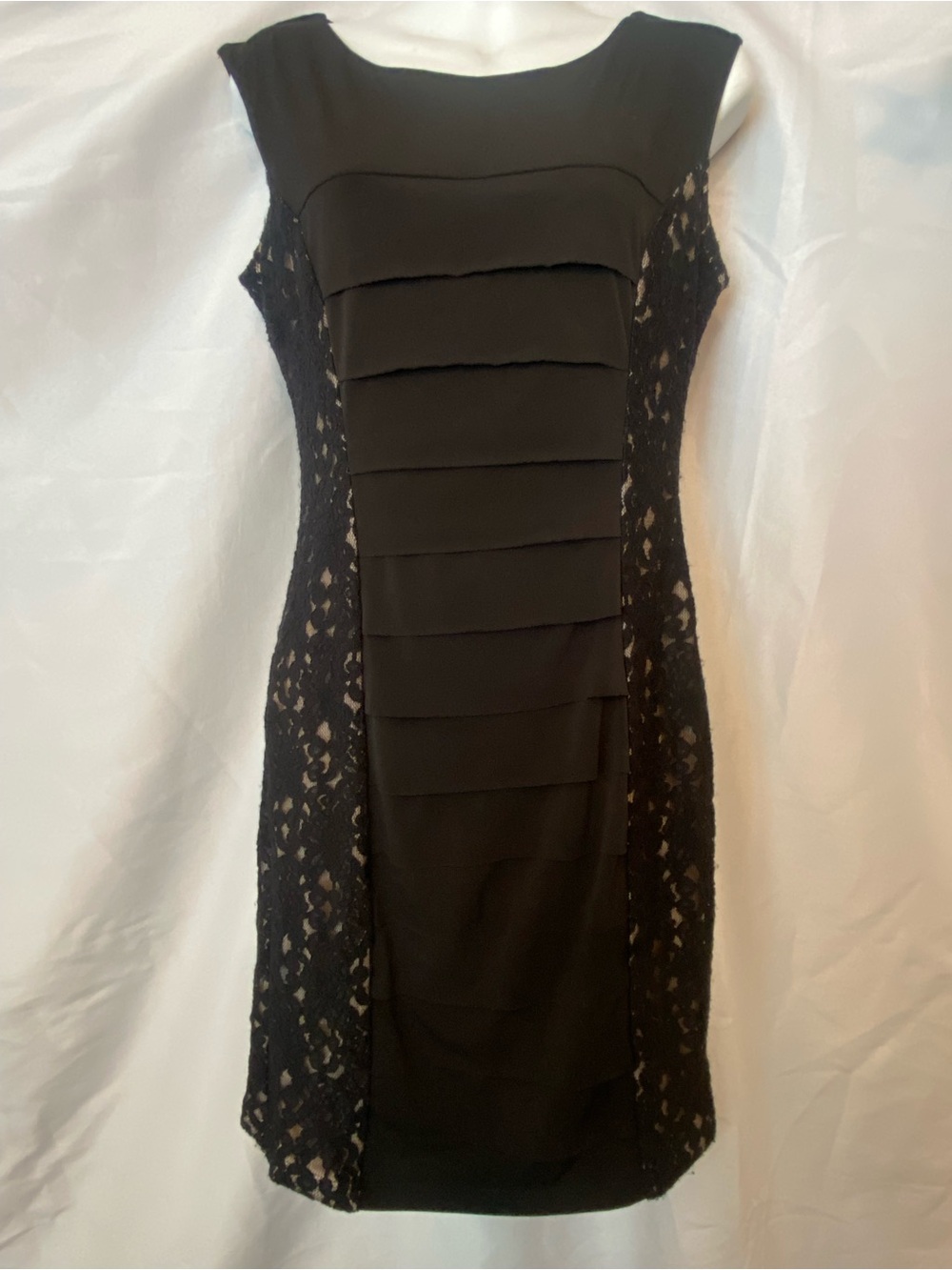 Enfocus Studio Black Tiered Front Panel with Lace Side Panels Sheath Dress